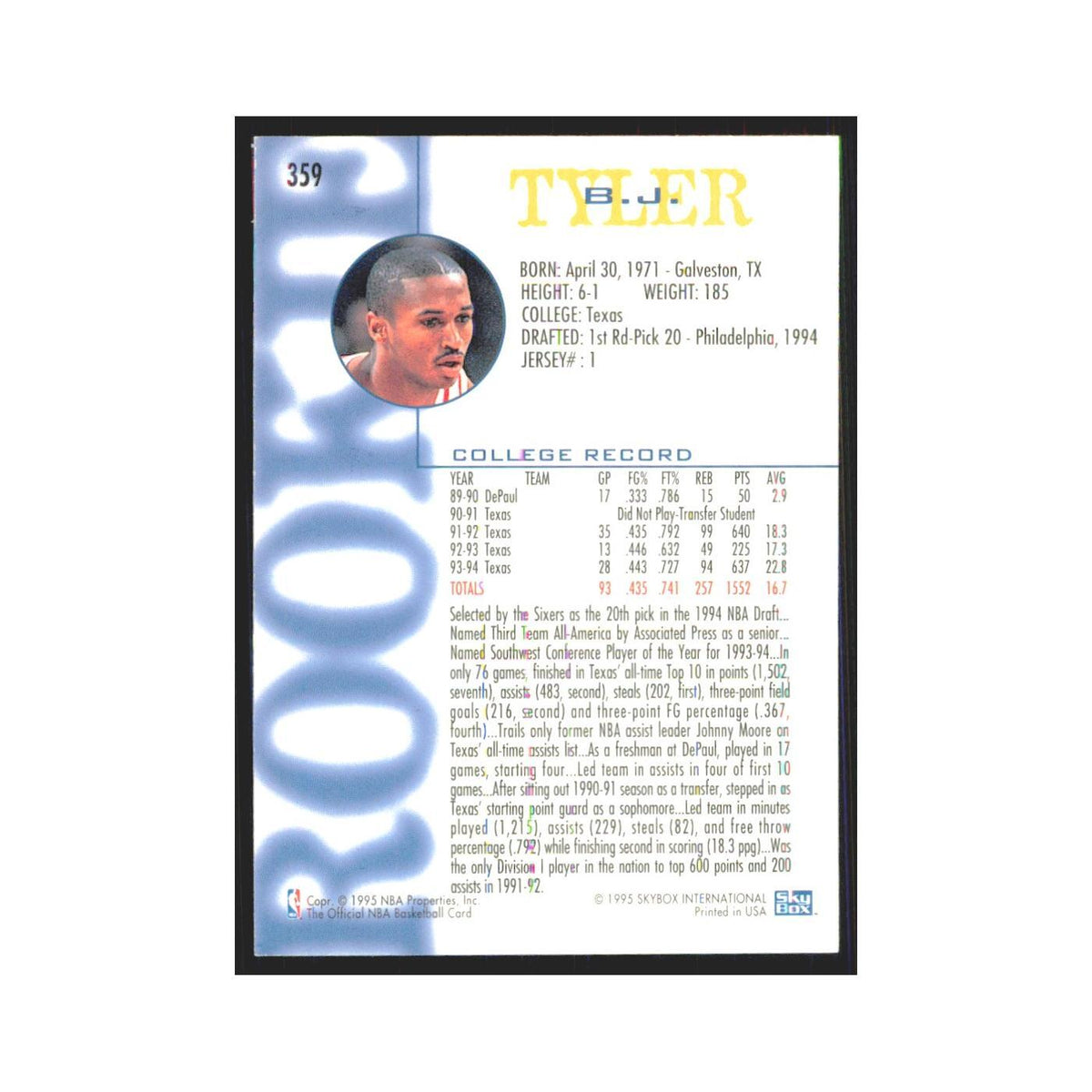 1994 NBA Hoops B.J. Tyler RC 76ers #359