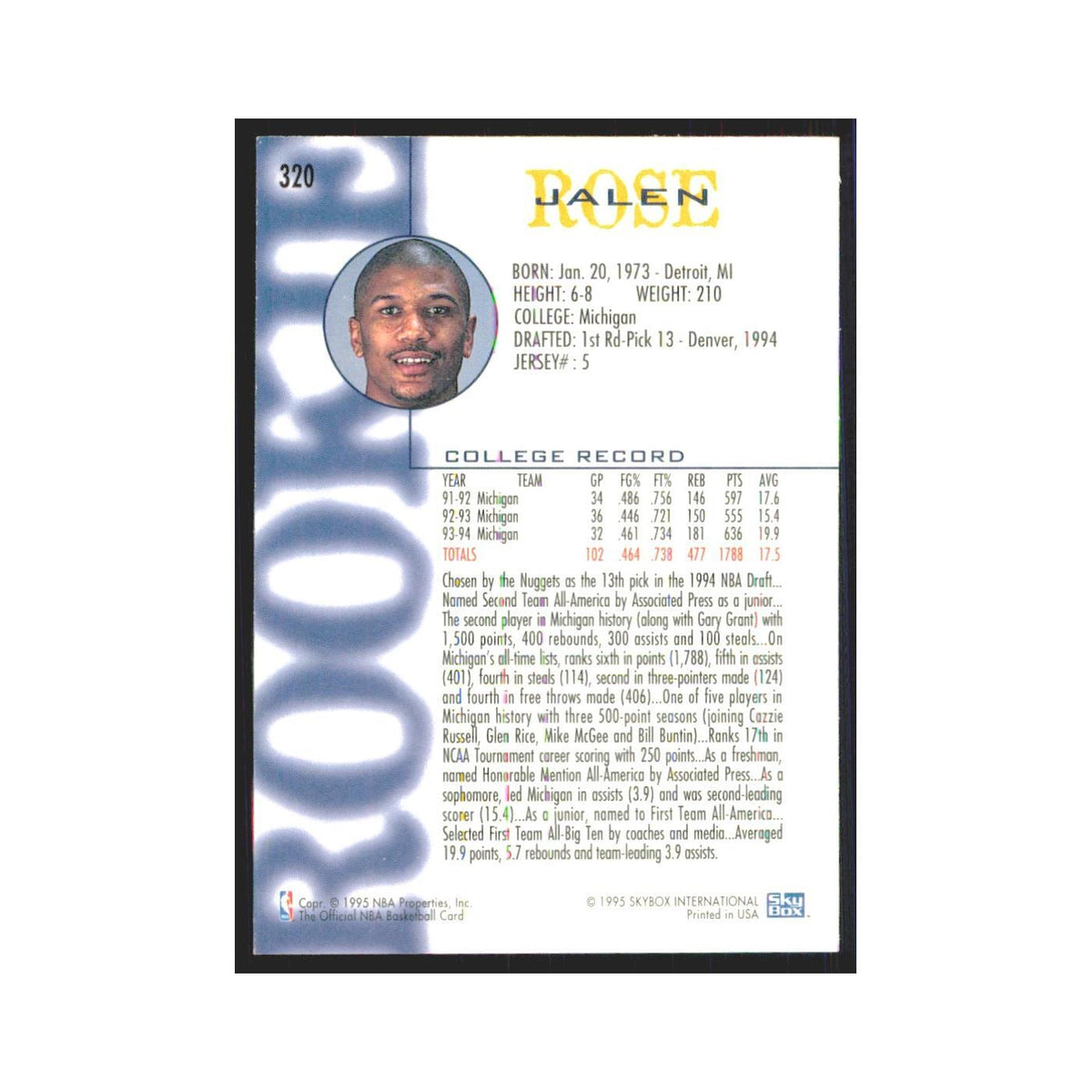 1994 NBA Hoops Jalen Rose RC Nuggets #320