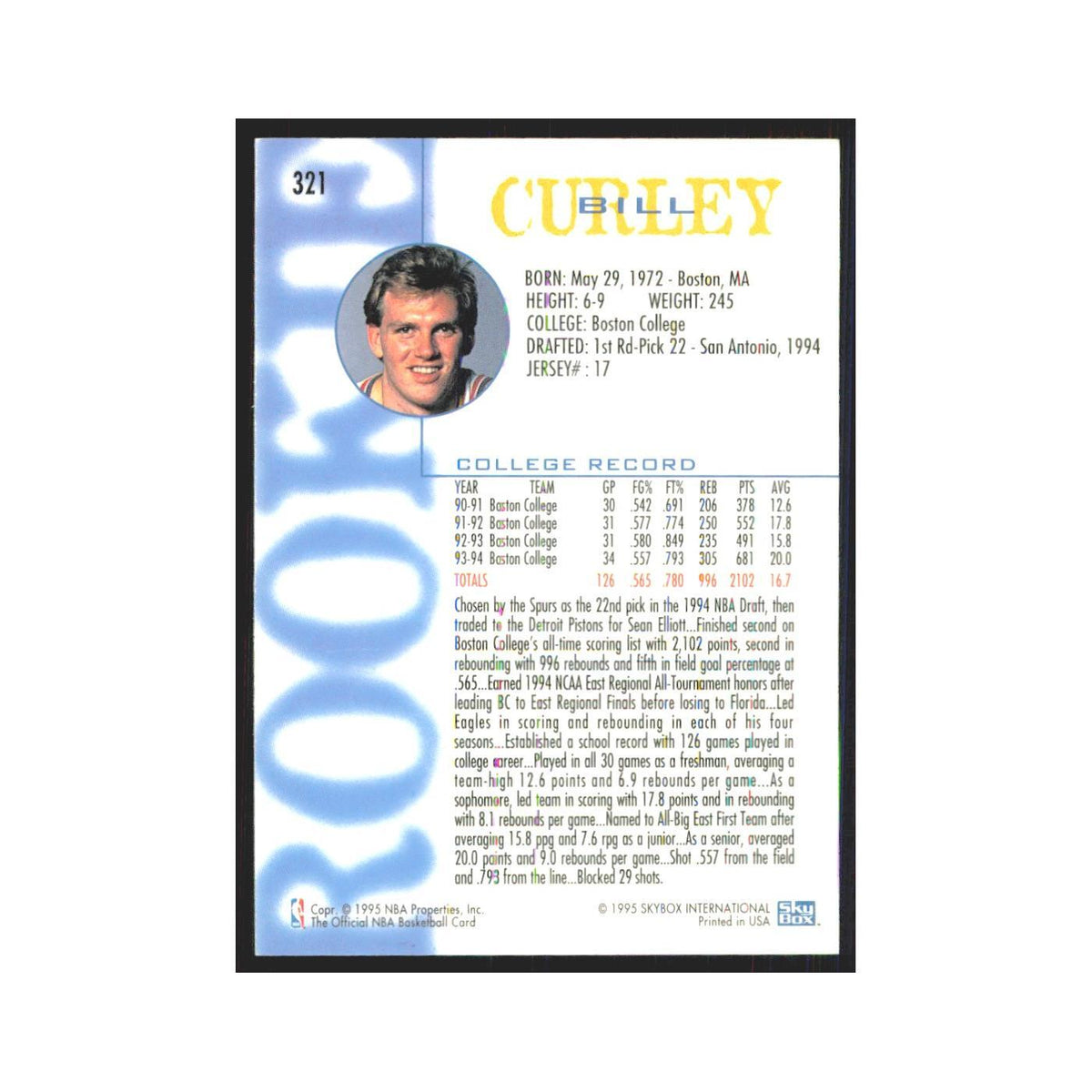 1994 NBA Hoops Bill Curley RC Pistons #321