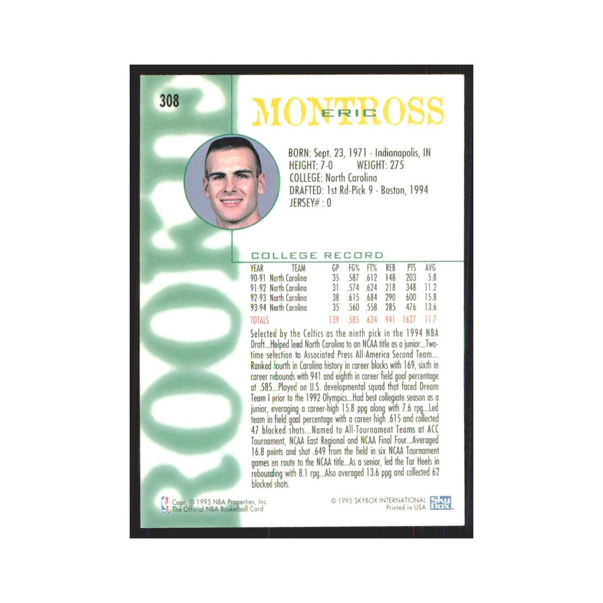 1994 NBA Hoops Eric Montross RC Celtics #308