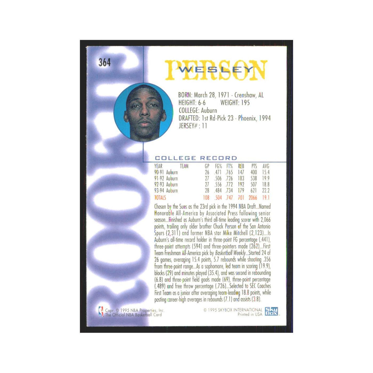 1994 NBA Hoops Wesley Person RC Suns #364