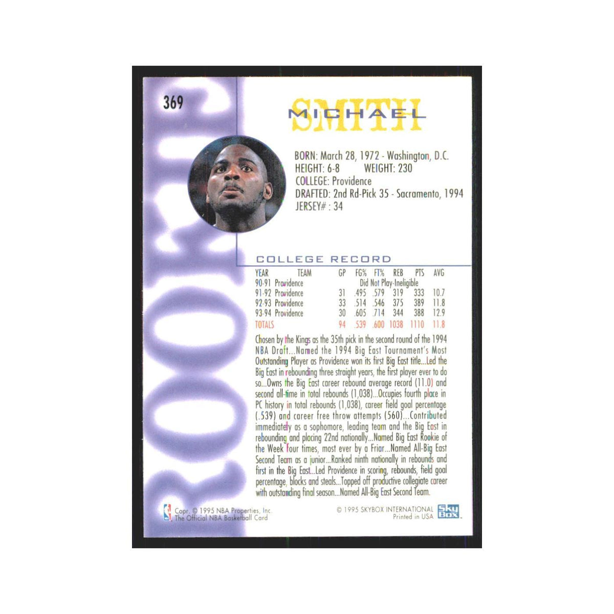 1994 NBA Hoops Michael Smith RC Kings #369