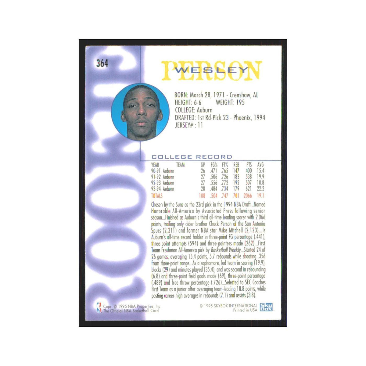 1994 NBA Hoops Wesley Person RC Suns #364