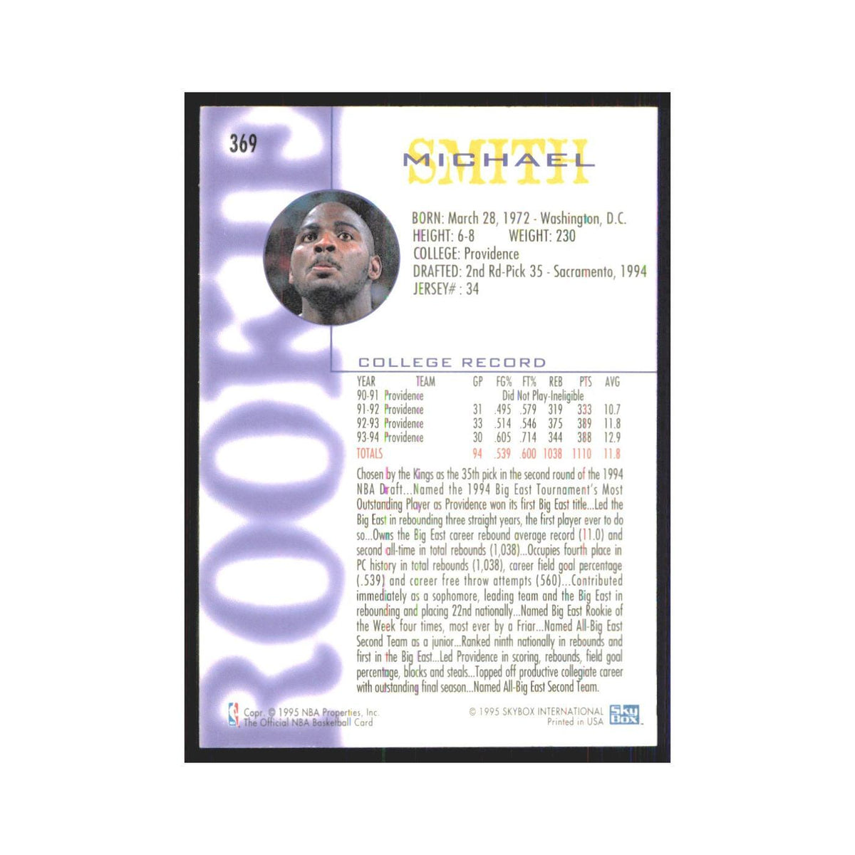 1994 NBA Hoops Michael Smith RC Kings #369