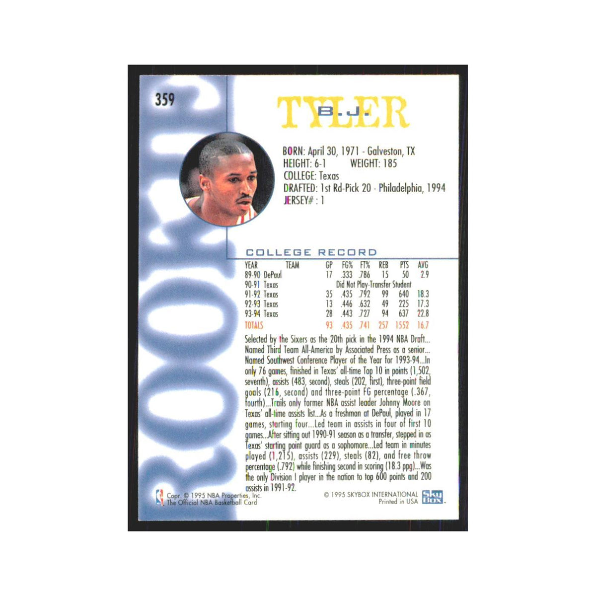1994 NBA Hoops B.J. Tyler RC 76ers #359