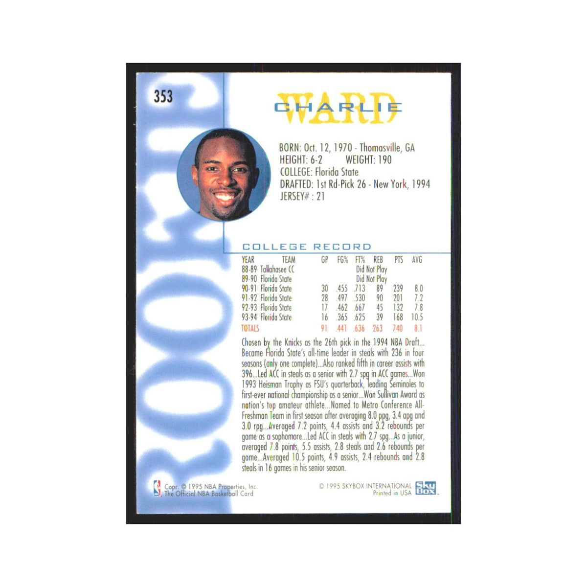 1994 NBA Hoops Charlie Ward RC Knicks #353
