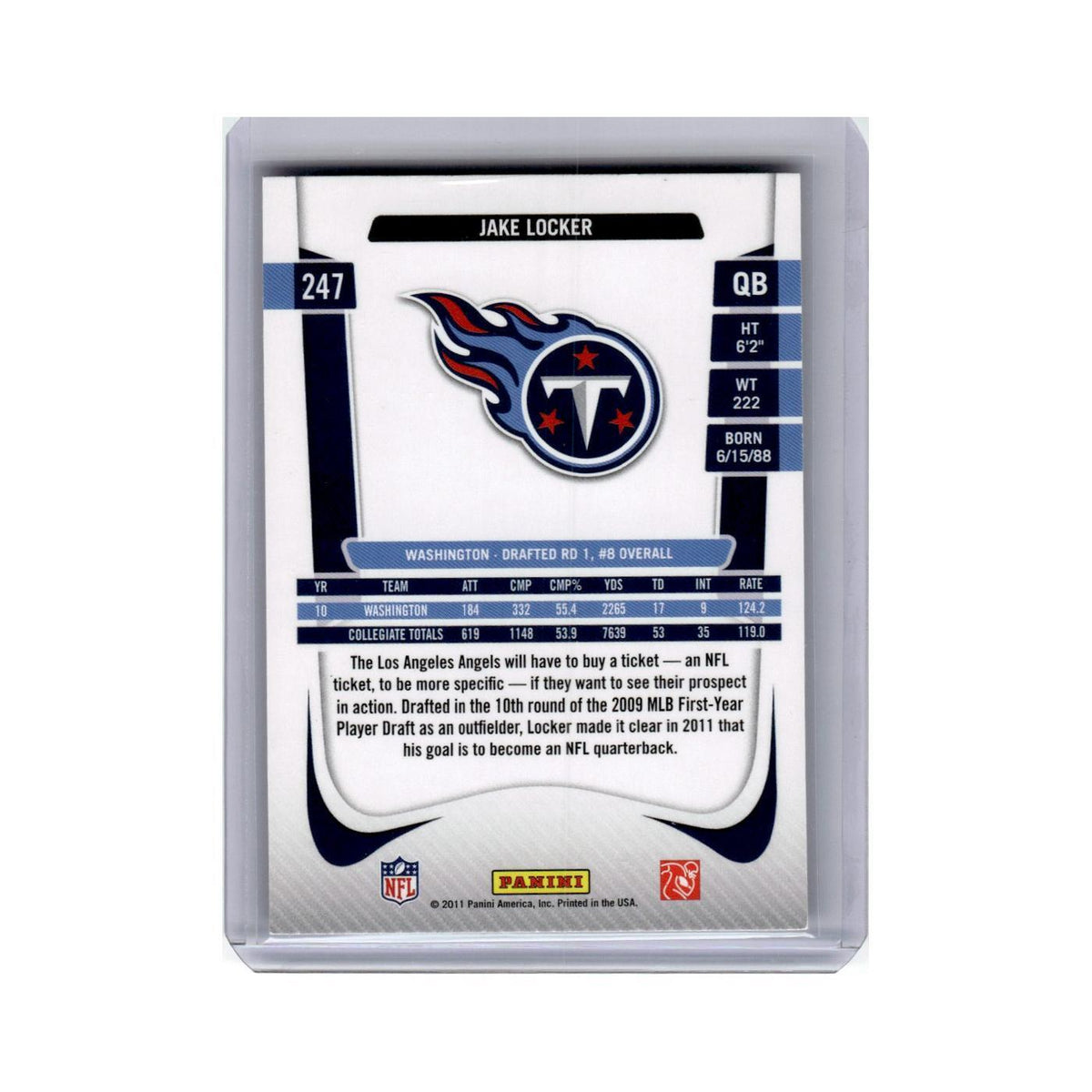 Jake Locker Rookie 2011 Panini Prestige #247 Tennessee Titans Football Card NM