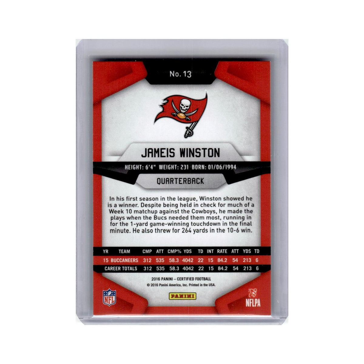 Jameis Winston 2016 Panini Certified #13 Tampa Bay Buccaneers Football Card NM