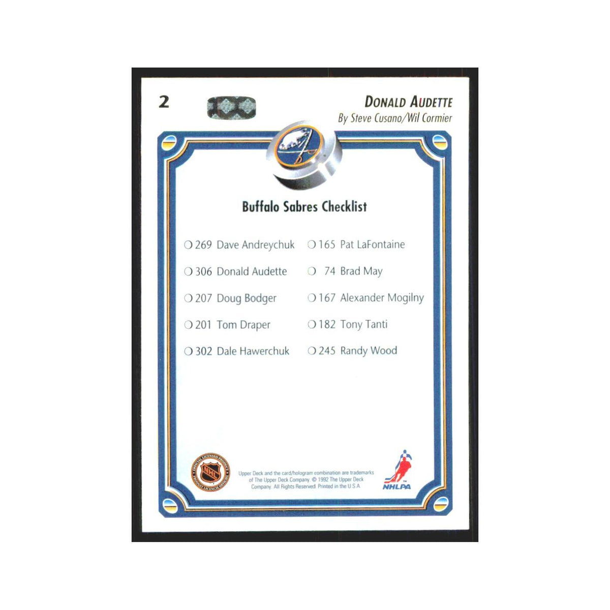 Donald Audette 1992 Upper Deck #2 Buffalo Sabres Hockey Card NM
