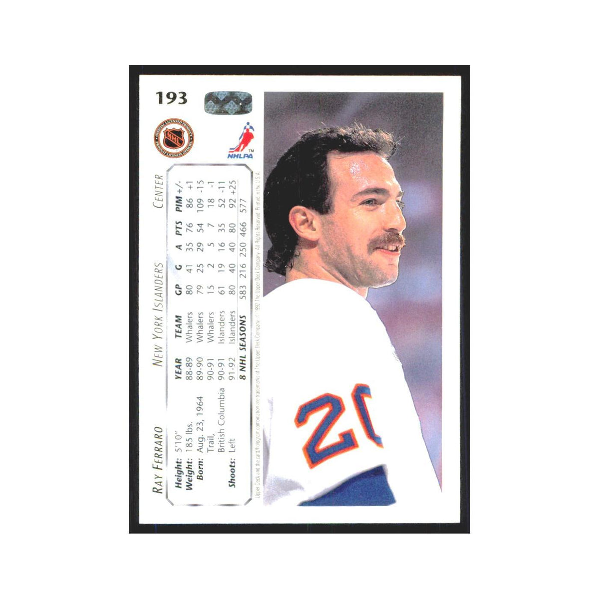 Ray Ferraro 1992 Upper Deck #193 New York Islanders Hockey Card NM