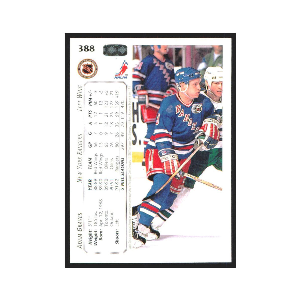 Adam Graves 1992 Upper Deck #388 New York Rangers Hockey Card NM