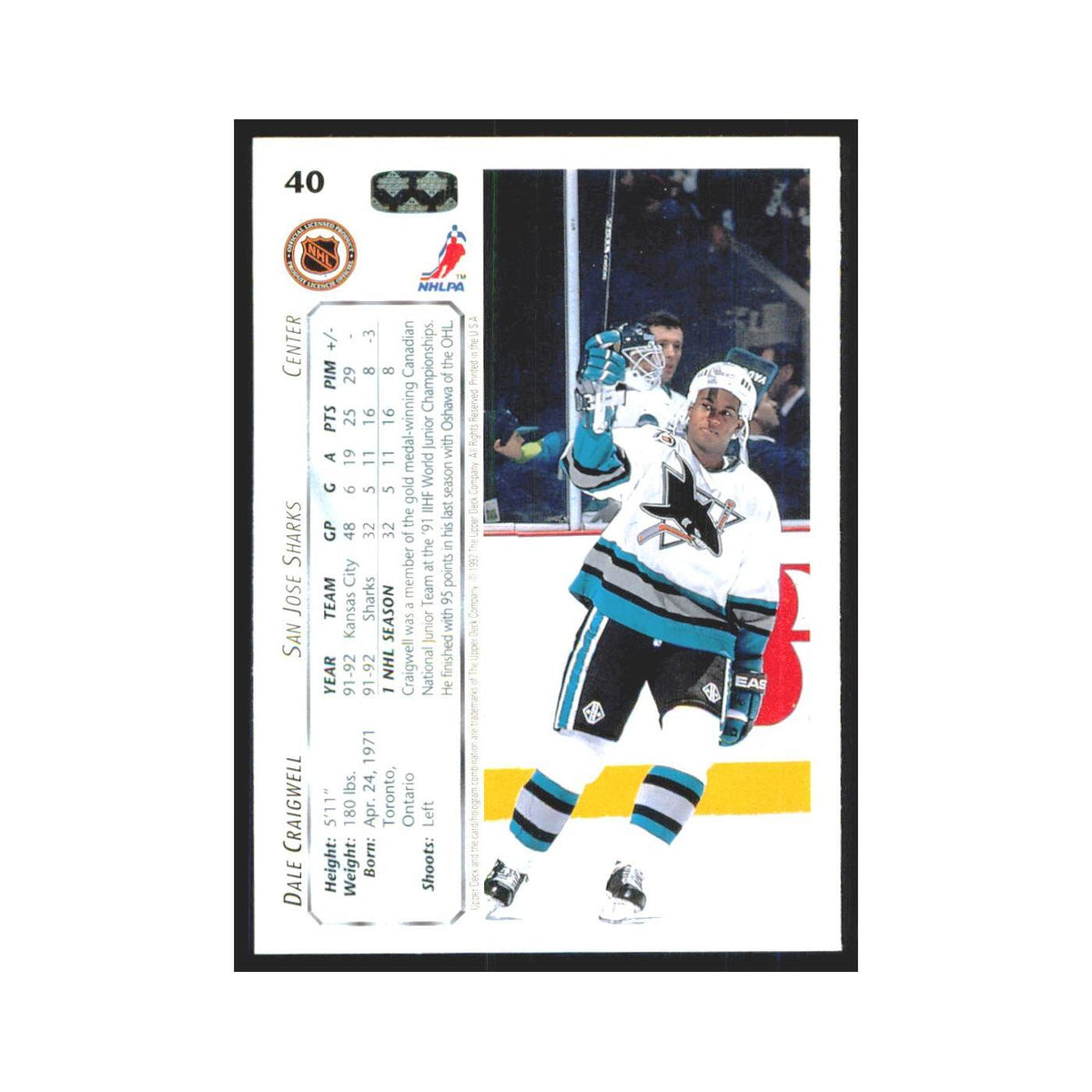 Dale Craigwell 1992 Upper Deck #40 San Jose Sharks Hockey Card NM