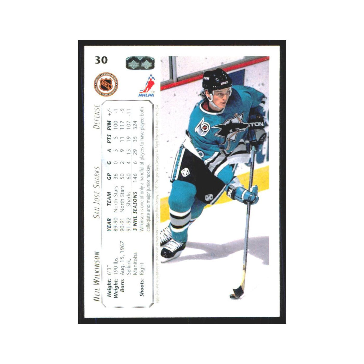 Neil Wilkinson 1992 Upper Deck #30 San Jose Sharks Hockey Card NM