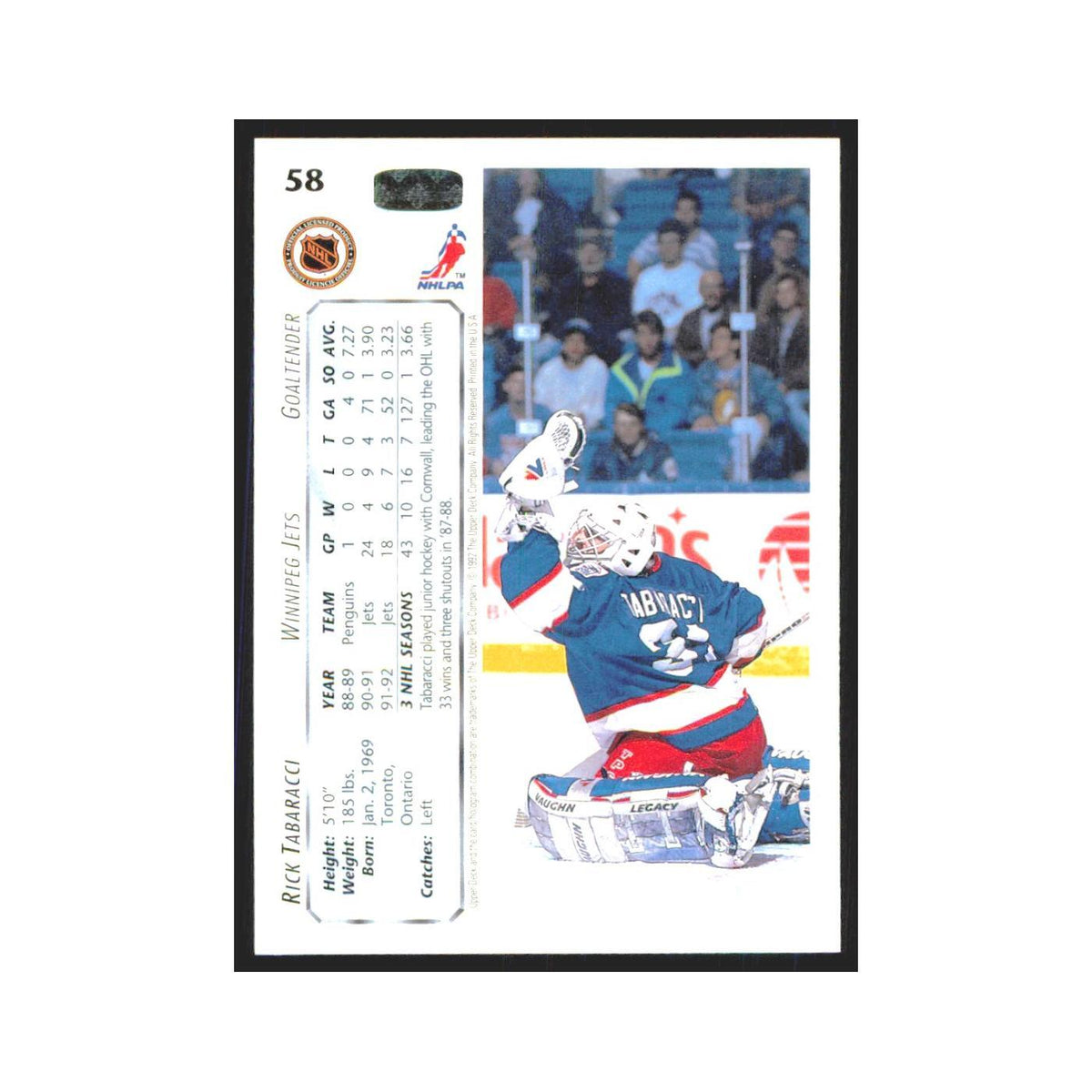 Rick Tabaracci 1992 Upper Deck #58 Winnipeg Jets Hockey Card NM