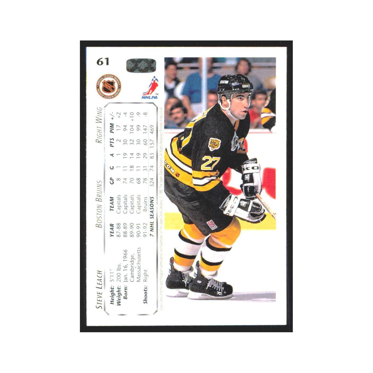 Steve Leach 1992 Upper Deck #61 Boston Bruins Hockey Card NM