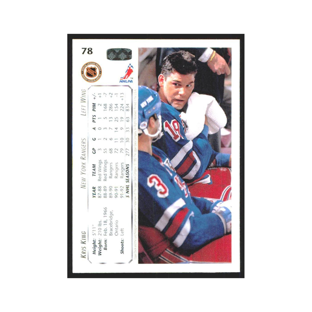 Kris King 1992 Upper Deck #78 New York Rangers Hockey Card NM
