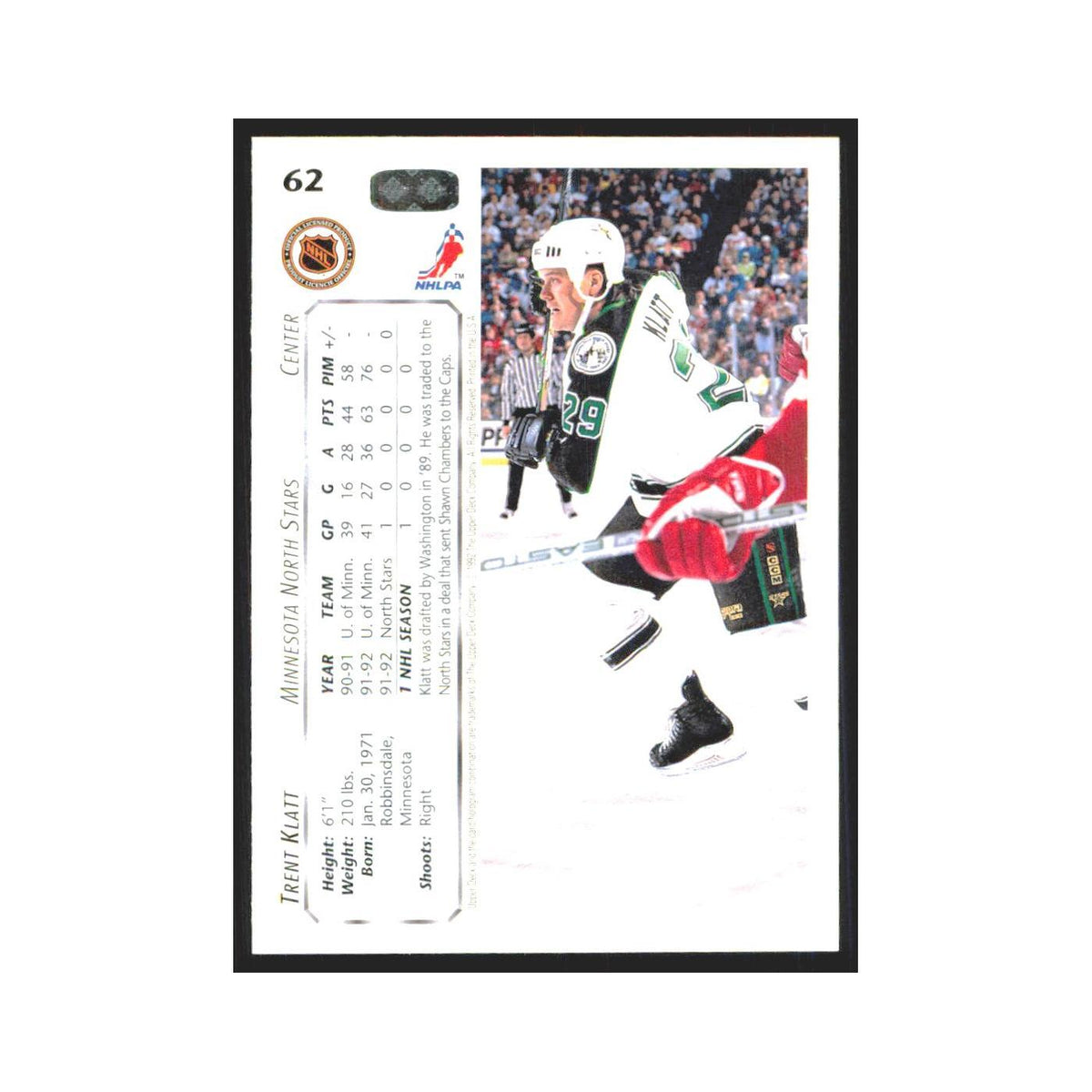 Trent Klatt 1992 Upper Deck #62 Minnesota North Stars Hockey Card NM
