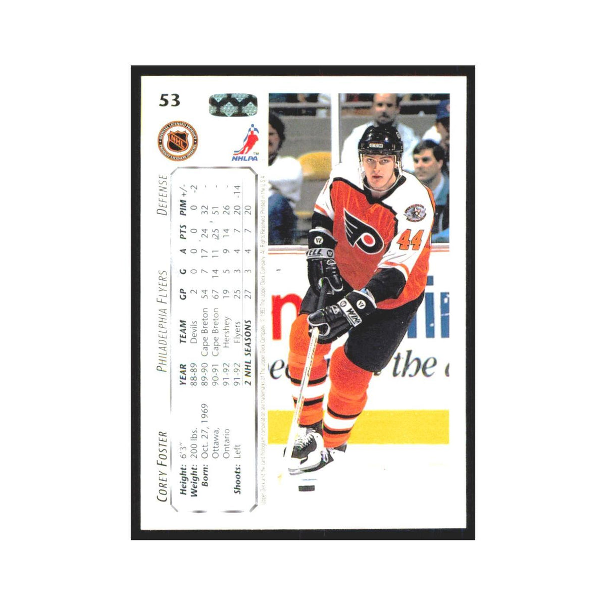 Corey Foster 1992 Upper Deck #53 Philadelphia Flyers Hockey Card NM