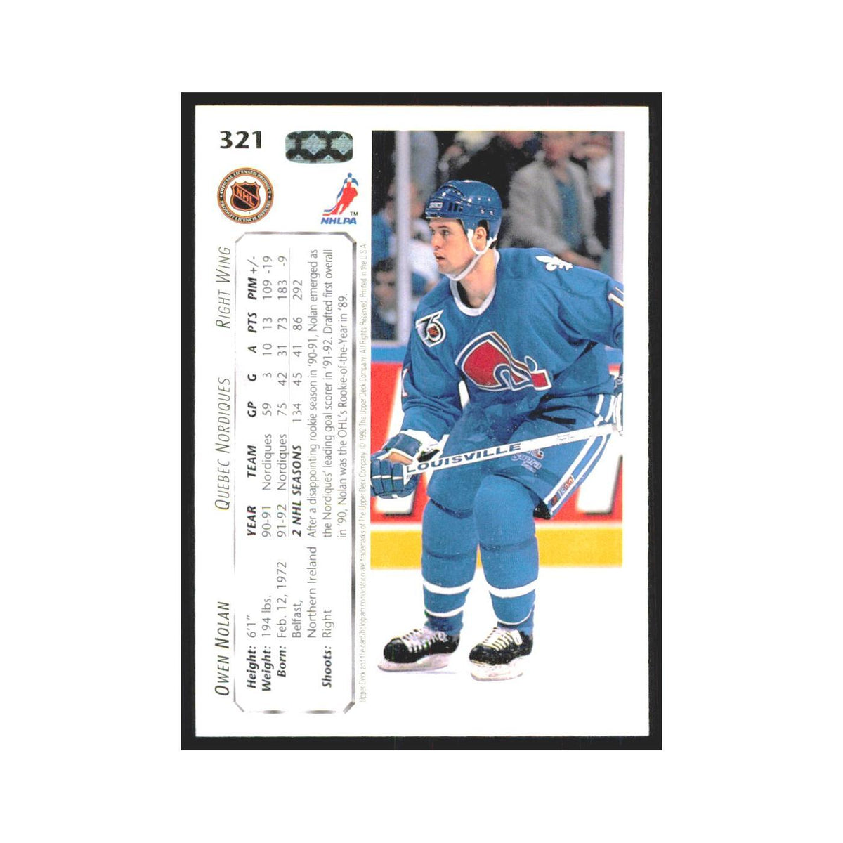 Owen Nolan 1992 Upper Deck #321 Quebec Nordiques Hockey Card NM
