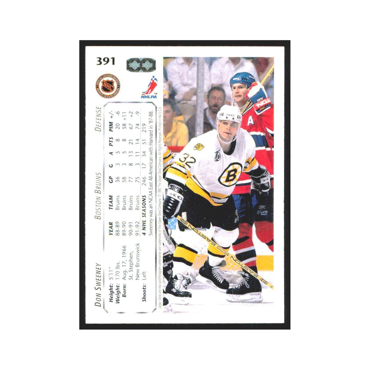 Don Sweeney 1992 Upper Deck #391 Boston Bruins Hockey Card NM