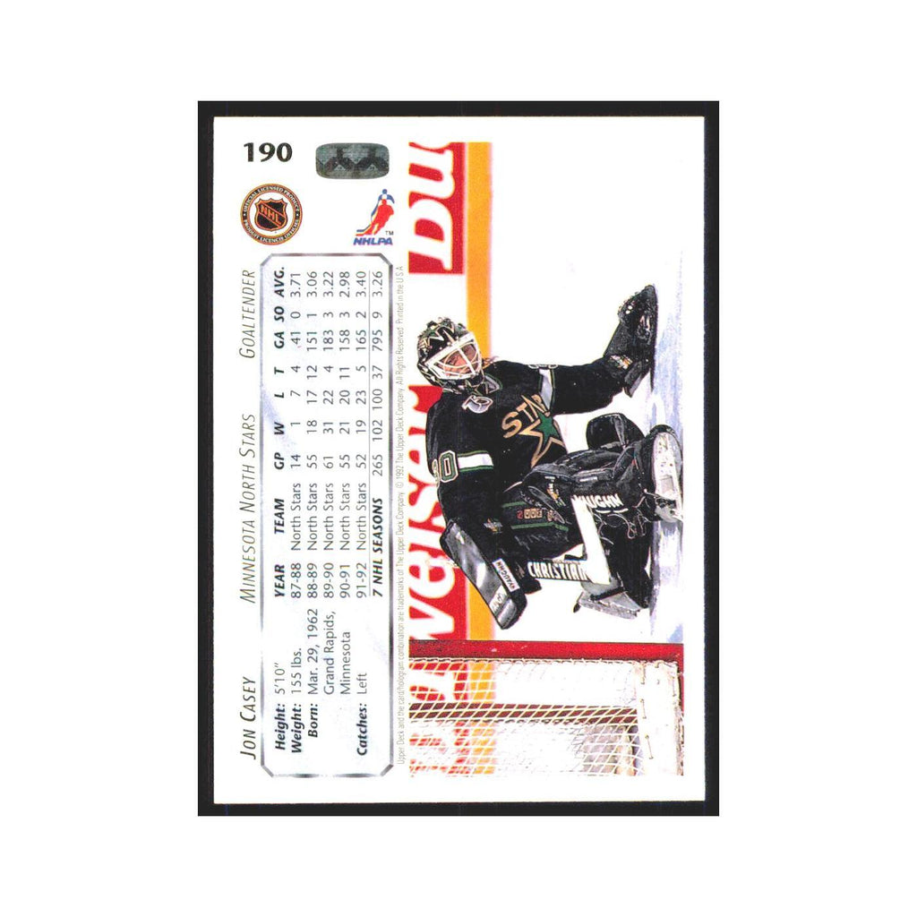Jon Casey 1992 Upper Deck #190 Minnesota North Stars Hockey Card NM