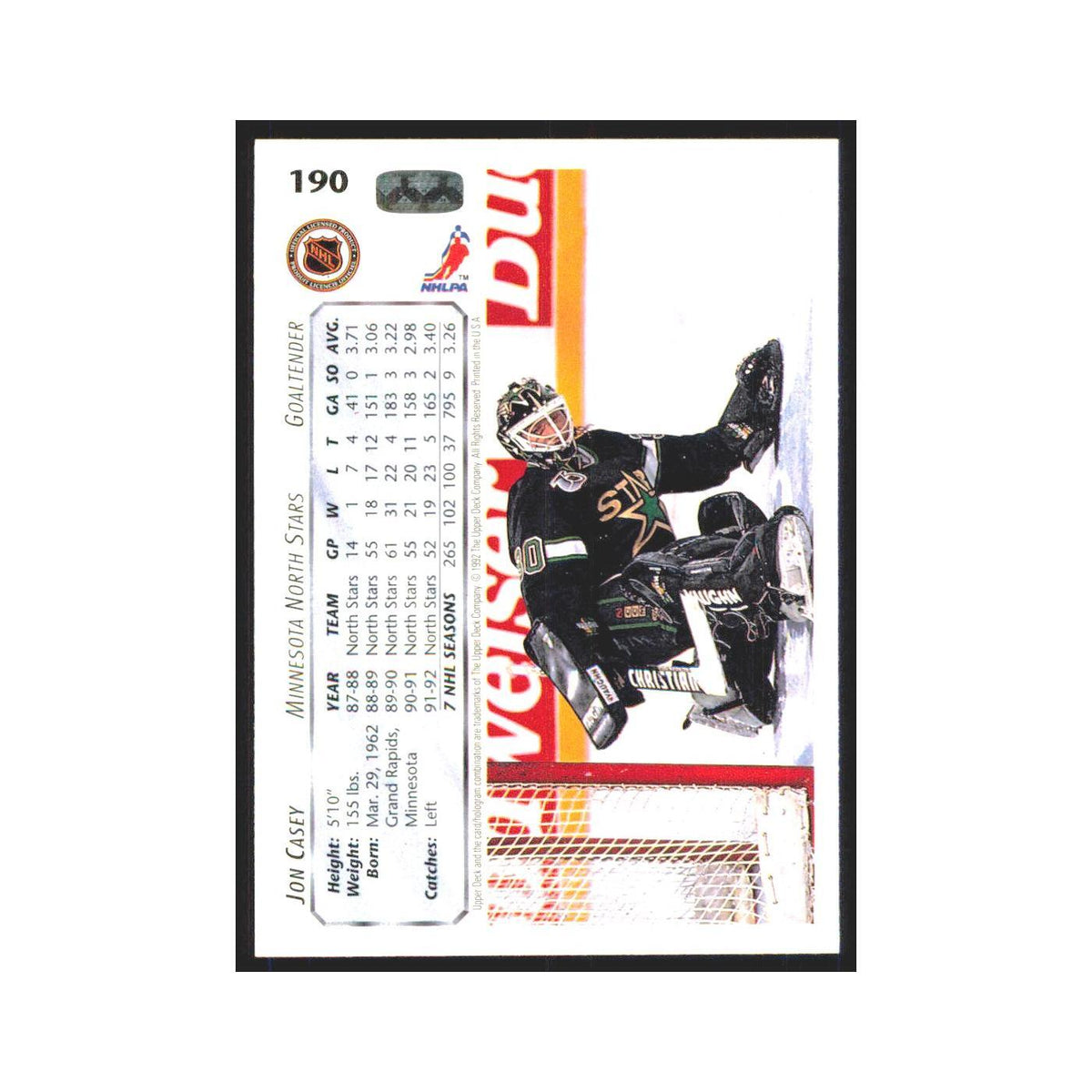 Jon Casey 1992 Upper Deck #190 Minnesota North Stars Hockey Card NM