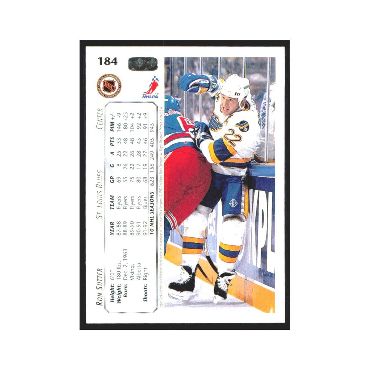 Ron Sutter 1992 Upper Deck #184 St. Louis Blues Hockey Card NM