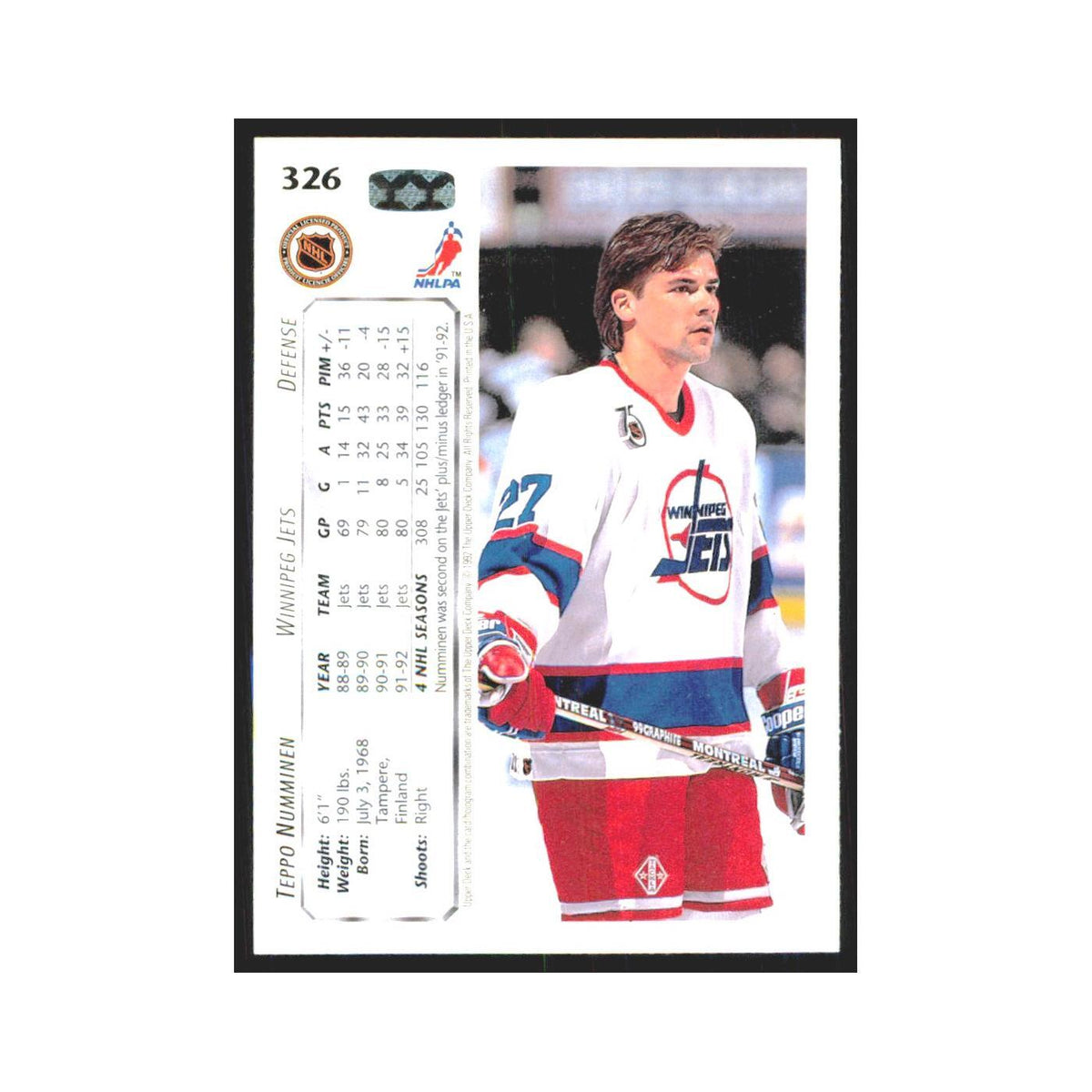 Teppo Numminen 1992 Upper Deck #326 Winnipeg Jets Hockey Card NM