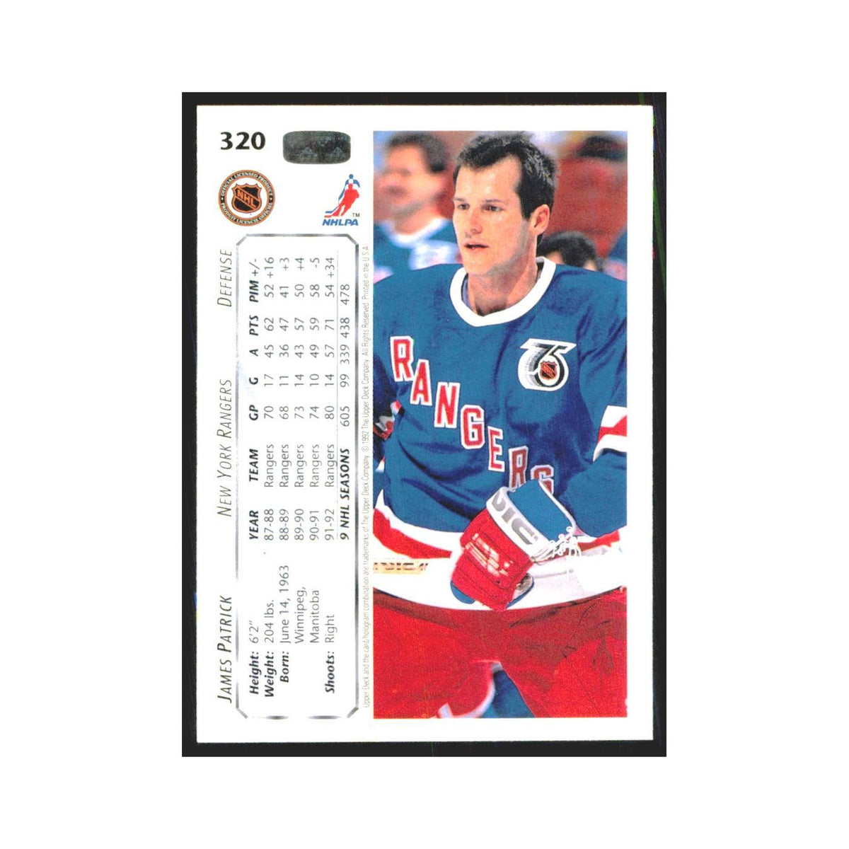 James Patrick 1992 Upper Deck #320 New York Rangers Hockey Card NM