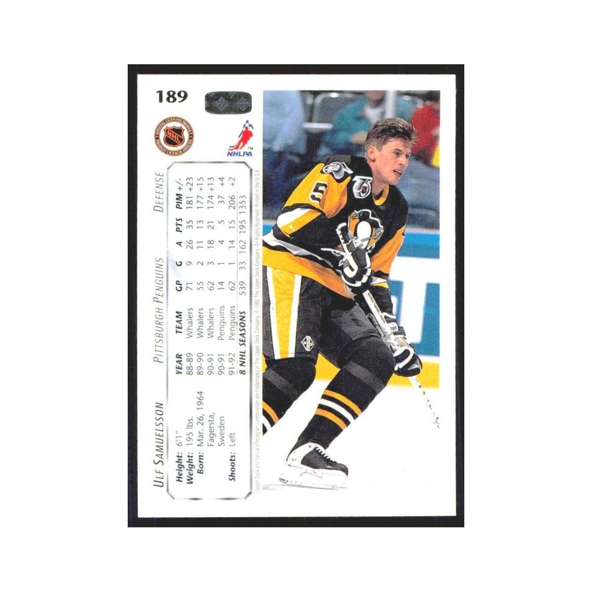 Ulf Samuelsson 1992 Upper Deck #189 Pittsburgh Penguins Hockey Card NM