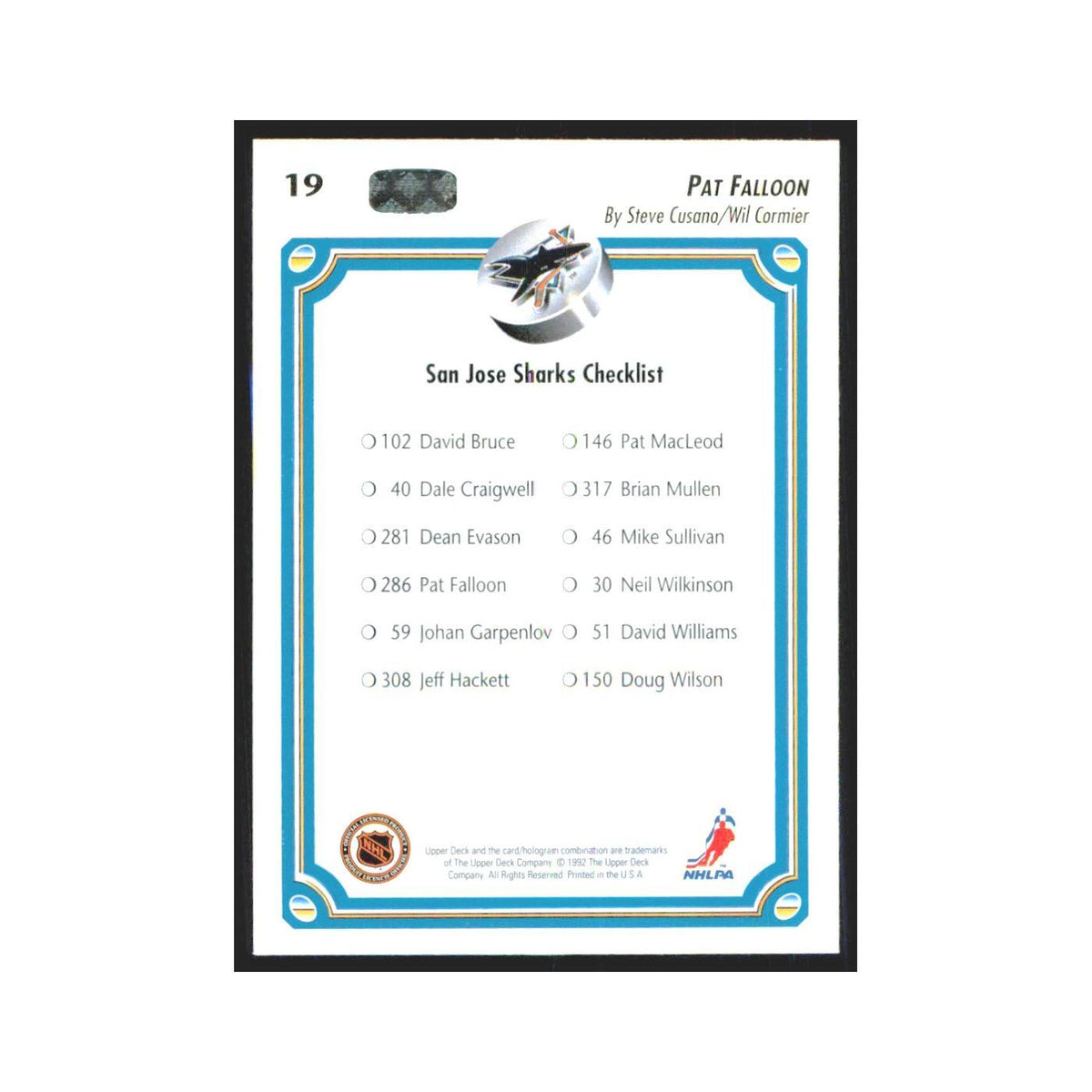 Pat Falloon 1992 Upper Deck #19 San Jose Sharks Hockey Card NM