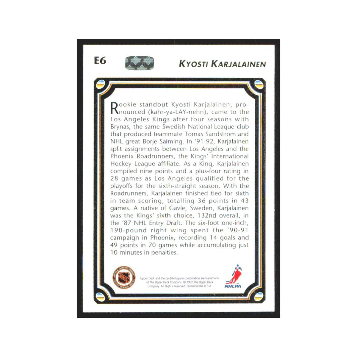 Kyosti Karjalainen 1992 Upper Deck #E6 Los Angeles Kings Hockey Card NM
