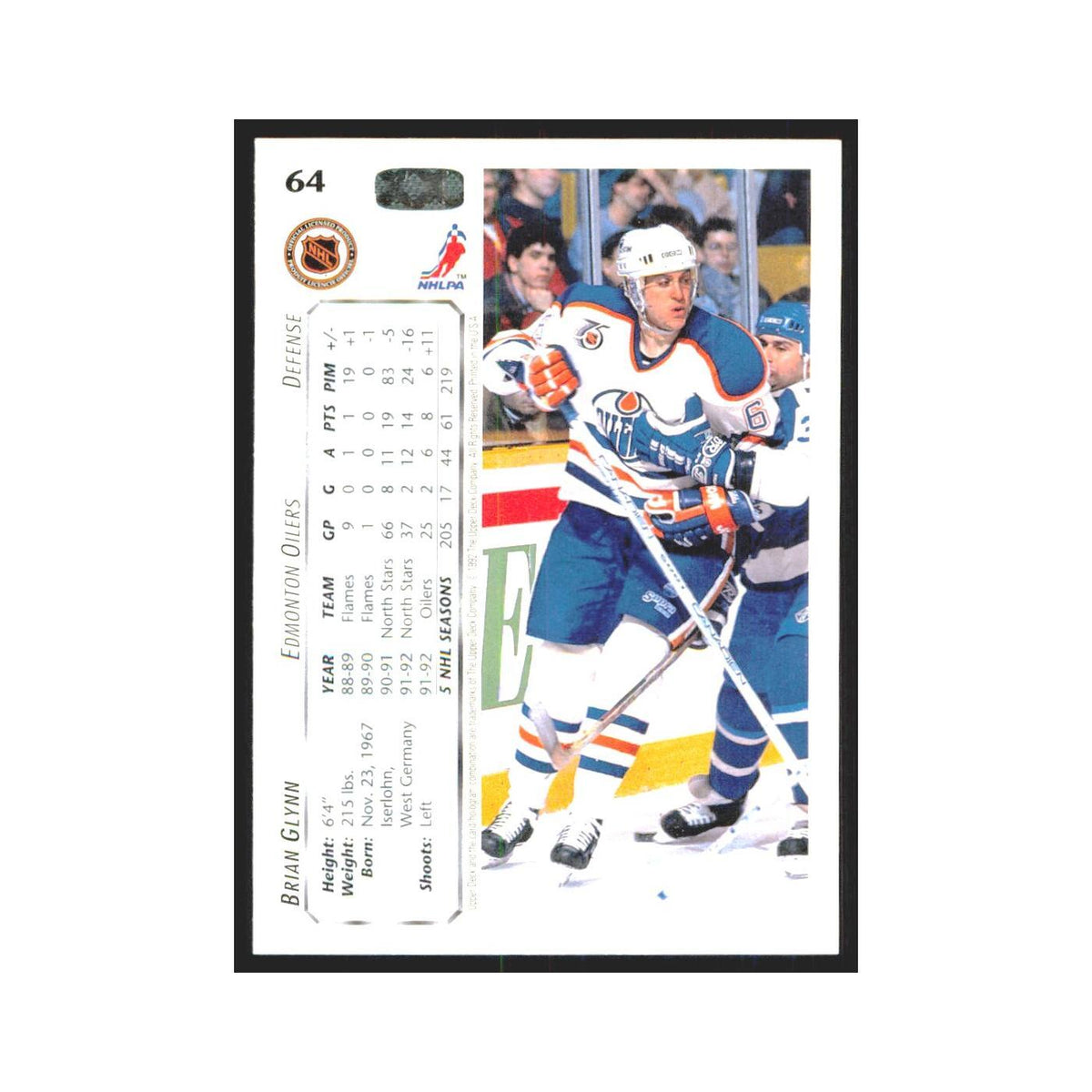 Brian Glynn 1992 Upper Deck #64 Edmonton Oilers Hockey Card NM