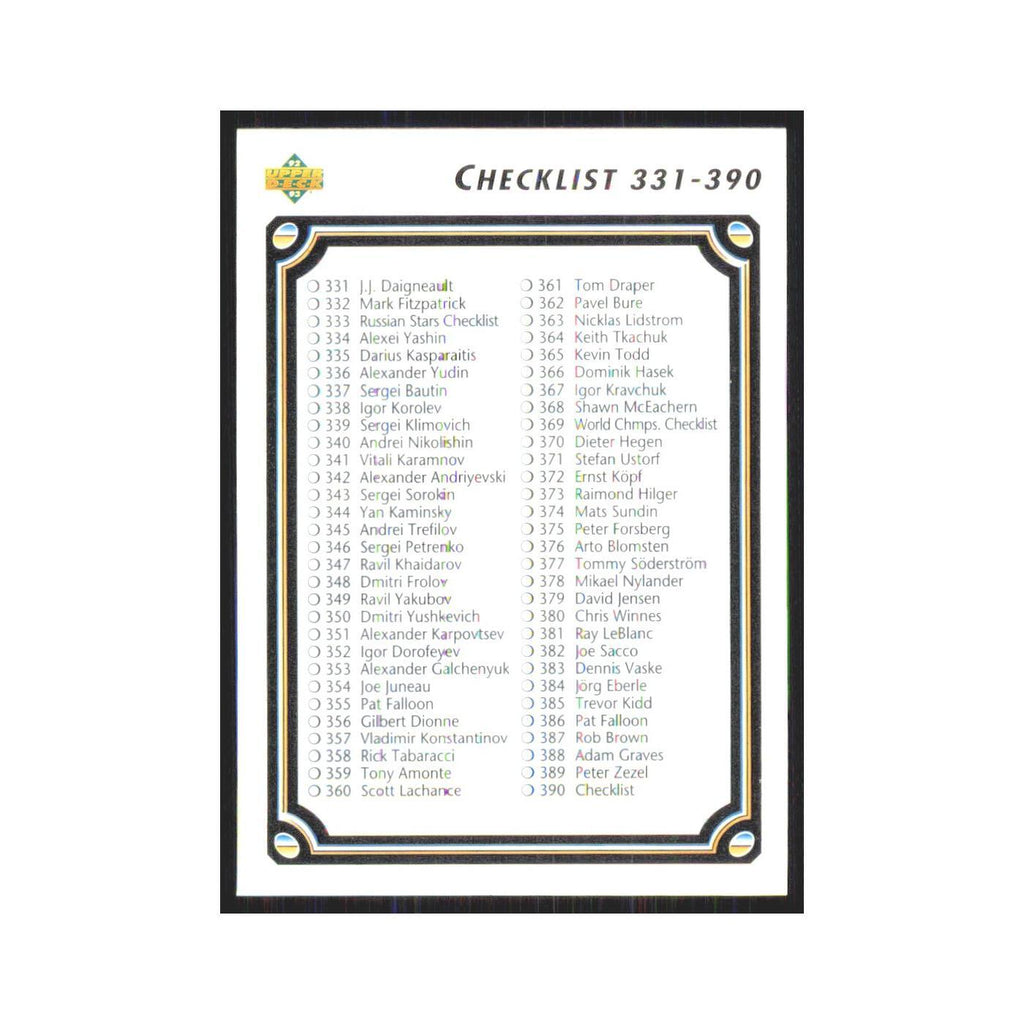 Checklist 331-390 1992 Upper Deck #390 Hockey Card NM