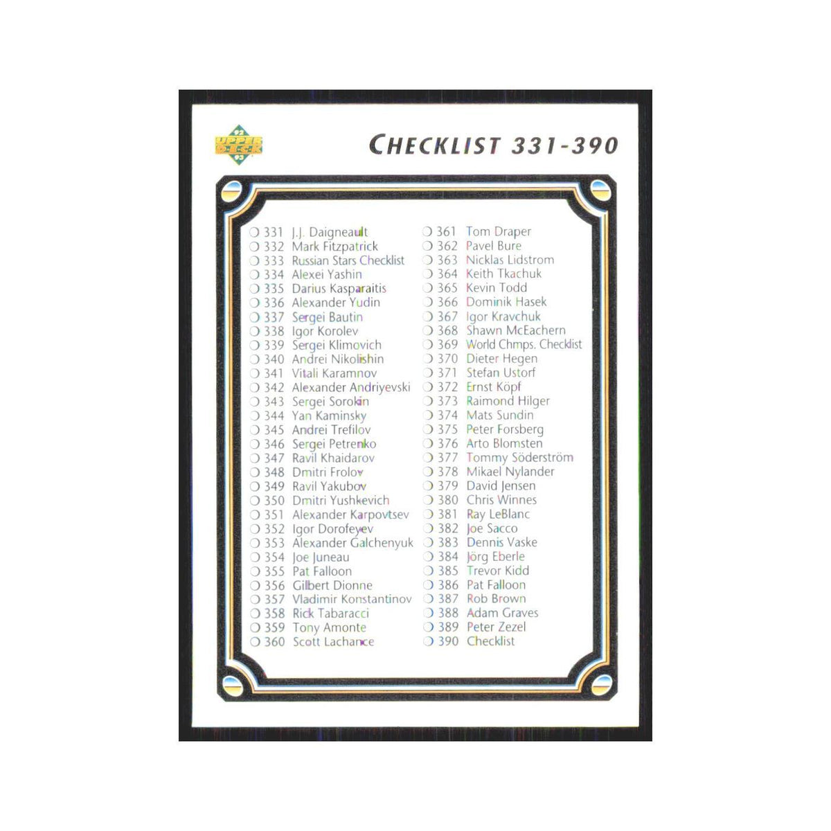 Checklist 331-390 1992 Upper Deck #390 Hockey Card NM