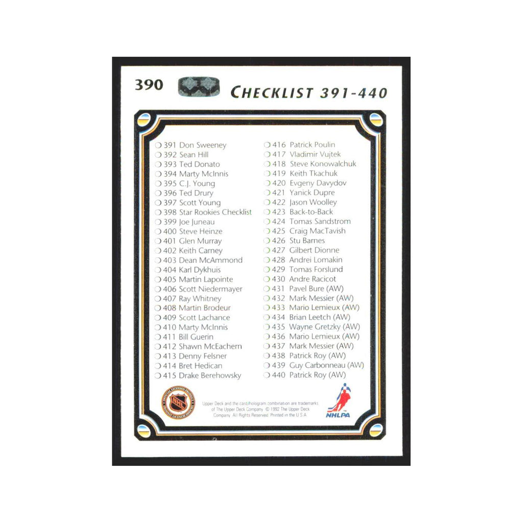 Checklist 331-390 1992 Upper Deck #390 Hockey Card NM