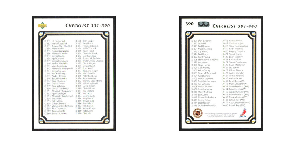 Checklist 331-390 1992 Upper Deck #390 Hockey Card NM