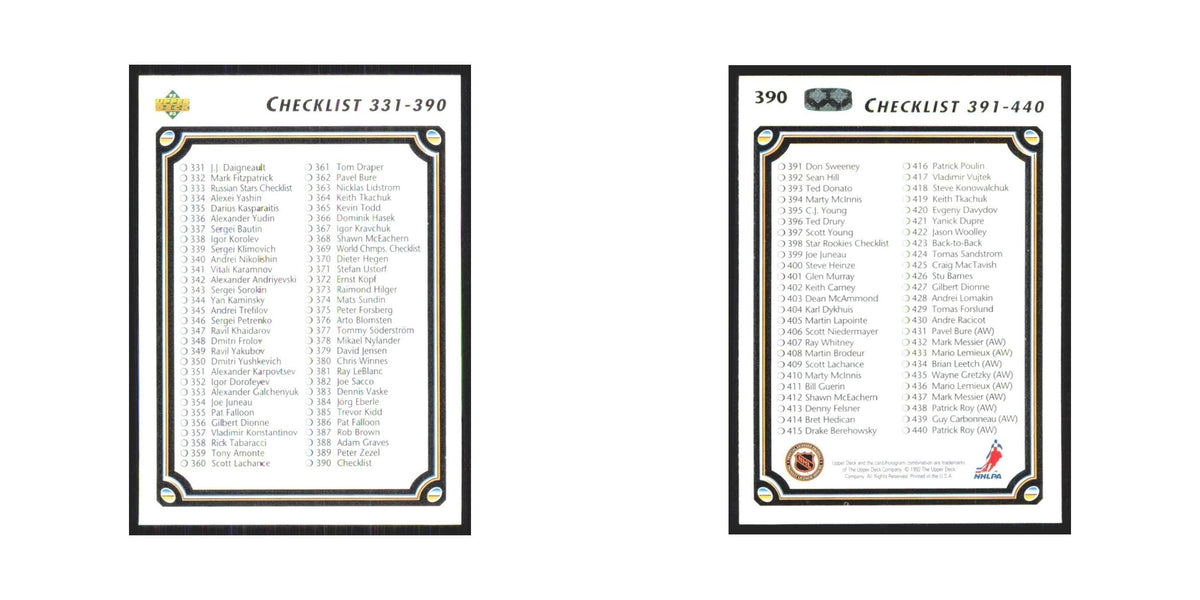 Checklist 331-390 1992 Upper Deck #390 Hockey Card NM