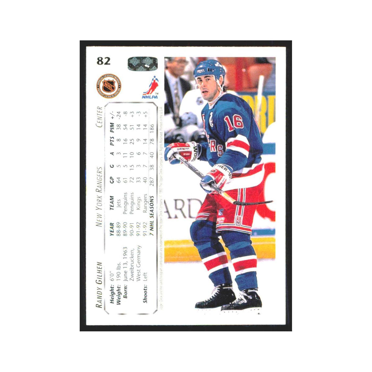 Randy Gilhen 1992 Upper Deck #82 New York Rangers Hockey Card NM