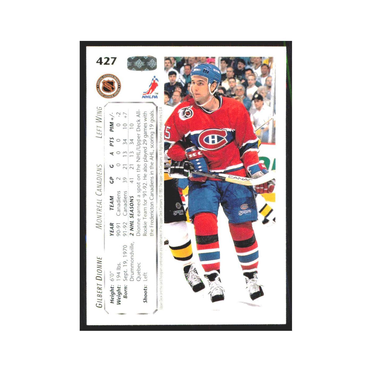Gilbert Dionne 1992 Upper Deck #427 Montreal Canadiens Hockey Card NM