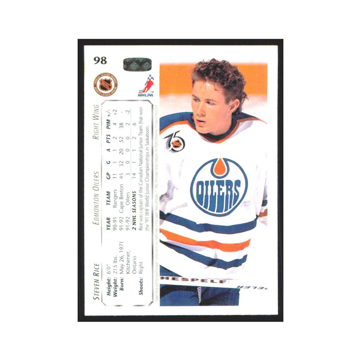 Steven Rice 1992 Upper Deck #98 Edmonton Oilers Hockey Card NM