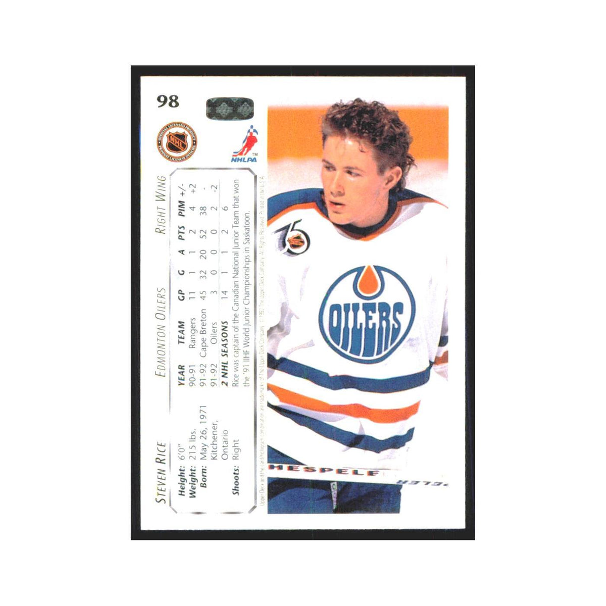 Steven Rice 1992 Upper Deck #98 Edmonton Oilers Hockey Card NM