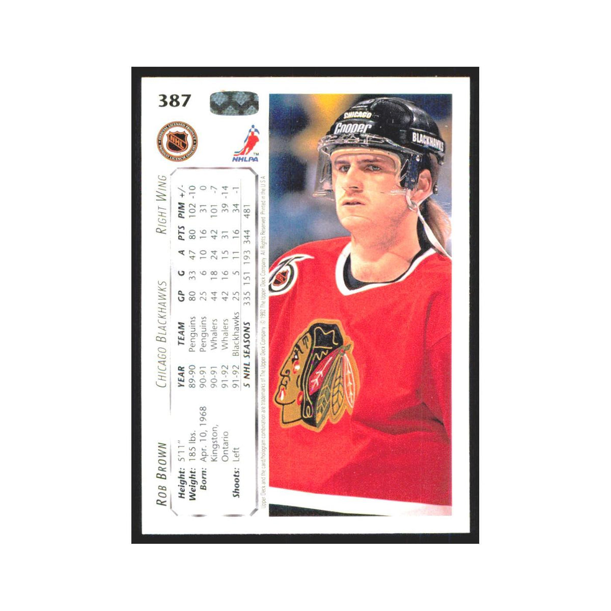 Rob Brown 1992 Upper Deck #387 Chicago Blackhawks Hockey Card NM