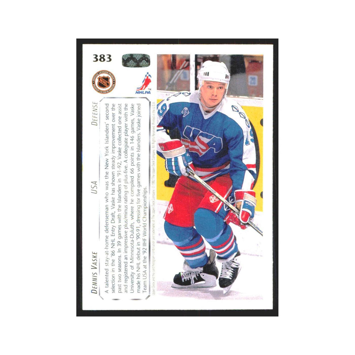 Dennis Vaske 1992 Upper Deck #383 USA Hockey Card NM