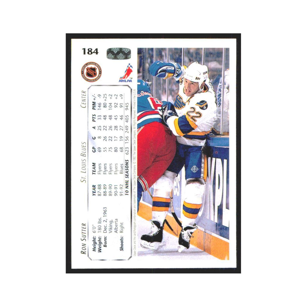 Ron Sutter 1992 Upper Deck #184 St. Louis Blues Hockey Card NM