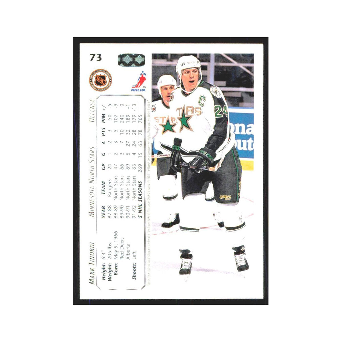 Mark Tinordi 1992 Upper Deck #73 Minnesota North Stars Hockey Card NM