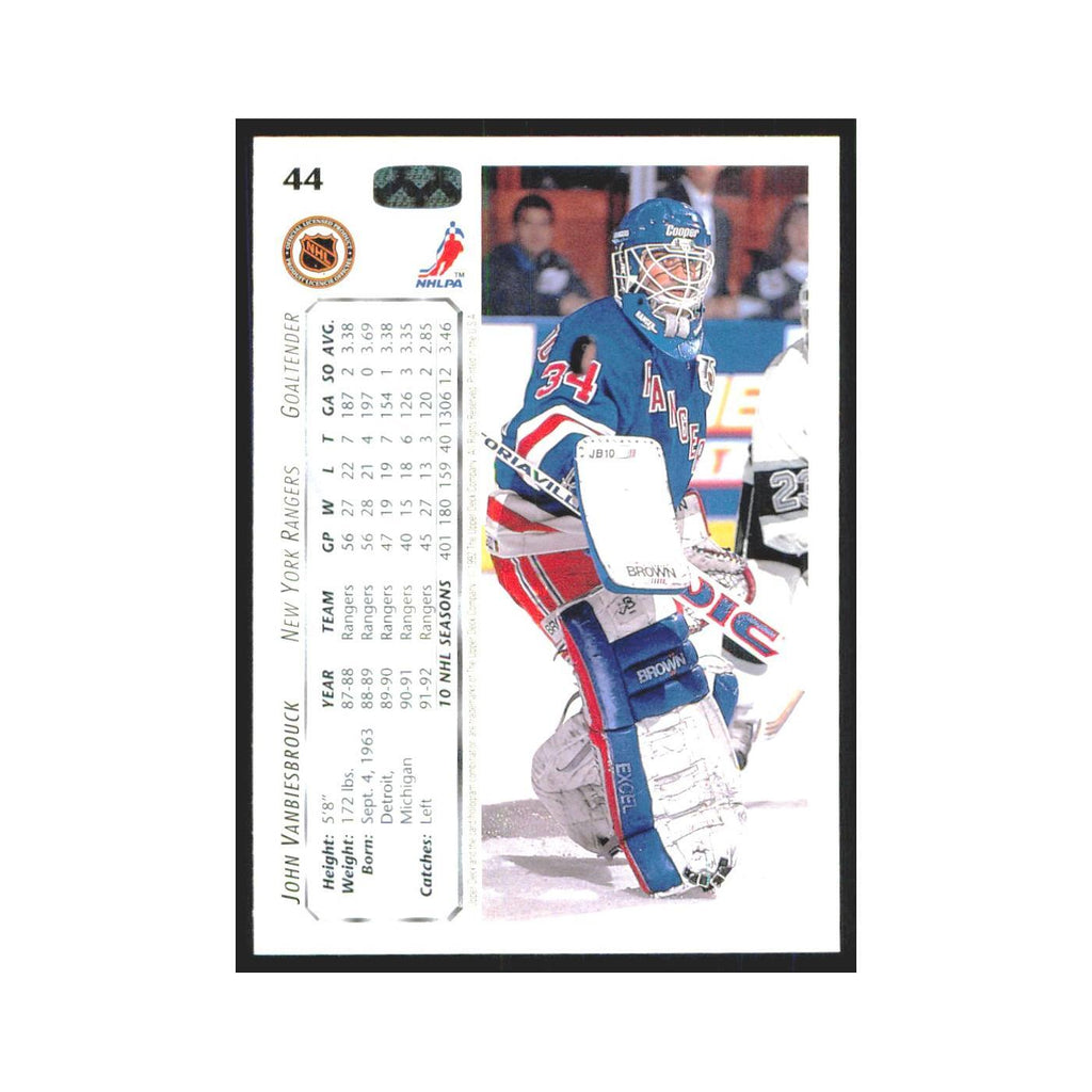 John Vanbiesbrouck 1992 Upper Deck #44 New York Rangers Hockey Card NM