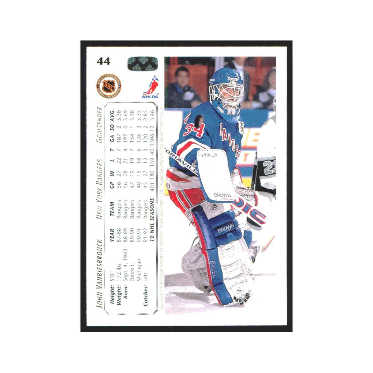 John Vanbiesbrouck 1992 Upper Deck #44 New York Rangers Hockey Card NM