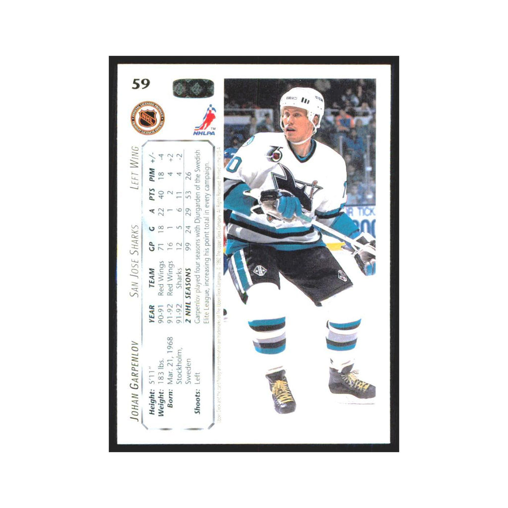 Johan Garpenlov 1992 Upper Deck #59 San Jose Sharks Hockey Card NM