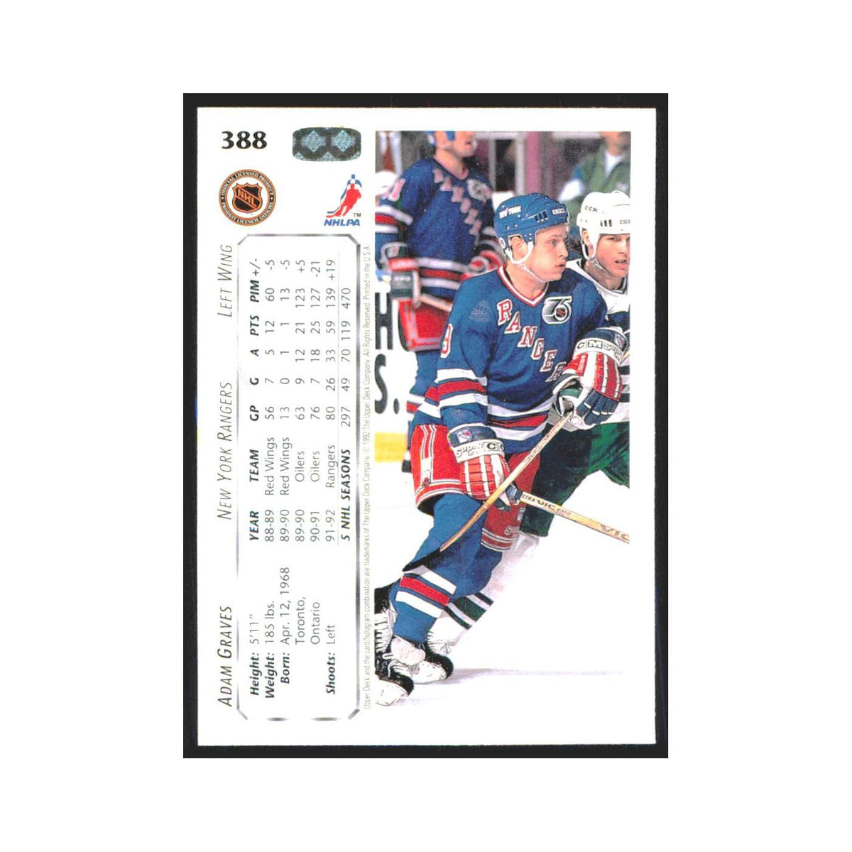 Adam Graves 1992 Upper Deck #388 New York Rangers Hockey Card NM